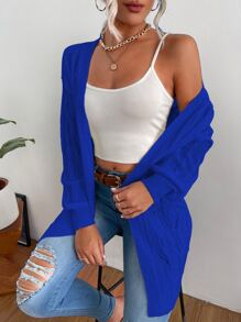 SHEIN LUNE Cable Knit Drop Shoulder Duster Cardigan - Royal Blue - View 3