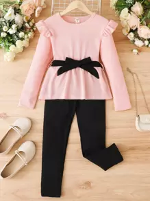 女孩荷葉邊腰帶T恤和褲子 - 彩色 - 查看 1