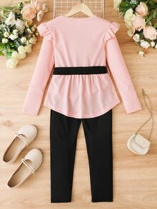 女孩荷葉邊腰帶T恤和褲子 - 彩色 - 查看 2