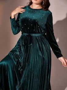 Modelyn Plus Pearls Beaded Pleated Hem Belted Velvet Dress, Winter Women Outfit Long Evening Dresses Fall Cloth For Women - Dark Green - View 3