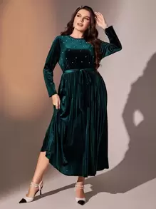 Modelyn Plus Pearls Beaded Pleated Hem Belted Velvet Dress, Winter Women Outfit Long Evening Dresses Fall Cloth For Women - Dark Green - View 4
