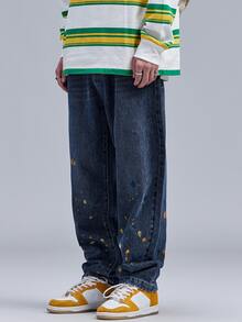 Hombres Jeans de pierna recta salpicaduras de tinta & con estampado de letra - Azul lavado oscuro - Ver 4