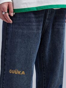 Hombres Jeans de pierna recta salpicaduras de tinta & con estampado de letra - Azul lavado oscuro - Ver 6