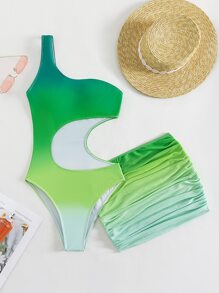 2packs Ombre Cut Out One Shoulder One Piece Swimsuit & Beach Skirt - Green - View 3