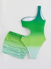 2packs Ombre Cut Out One Shoulder One Piece Swimsuit & Beach Skirt - Green - View 4