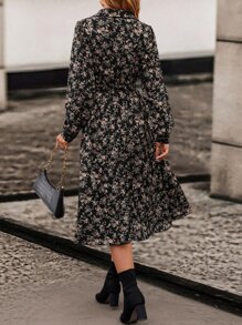 Balvessa Floral Print Bishop Sleeve Belted Shirt Dress Maxi Women Outfit - Black - View 2