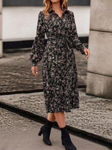 Balvessa Floral Print Bishop Sleeve Belted Shirt Dress Maxi Women Outfit - Black - View 4