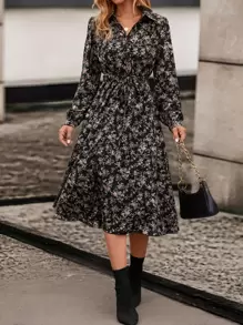 Balvessa Floral Print Bishop Sleeve Belted Shirt Dress Maxi Women Outfit - Black - View 5