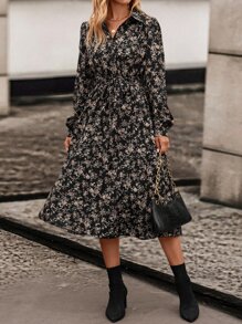 Balvessa Floral Print Bishop Sleeve Belted Shirt Dress Maxi Women Outfit - Black - View 6