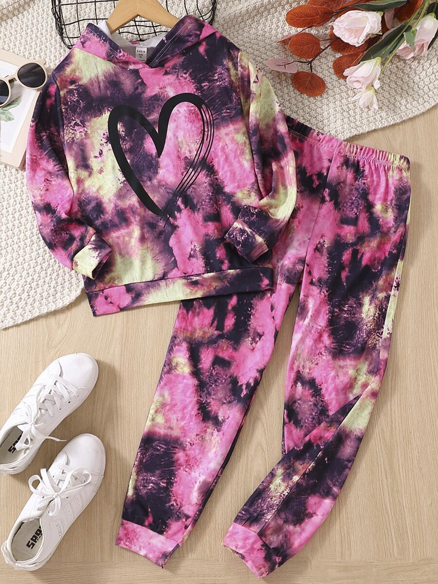 Girls Heart Print Tie Dye Hoodie & Sweatpants - Multicolor - View 1
