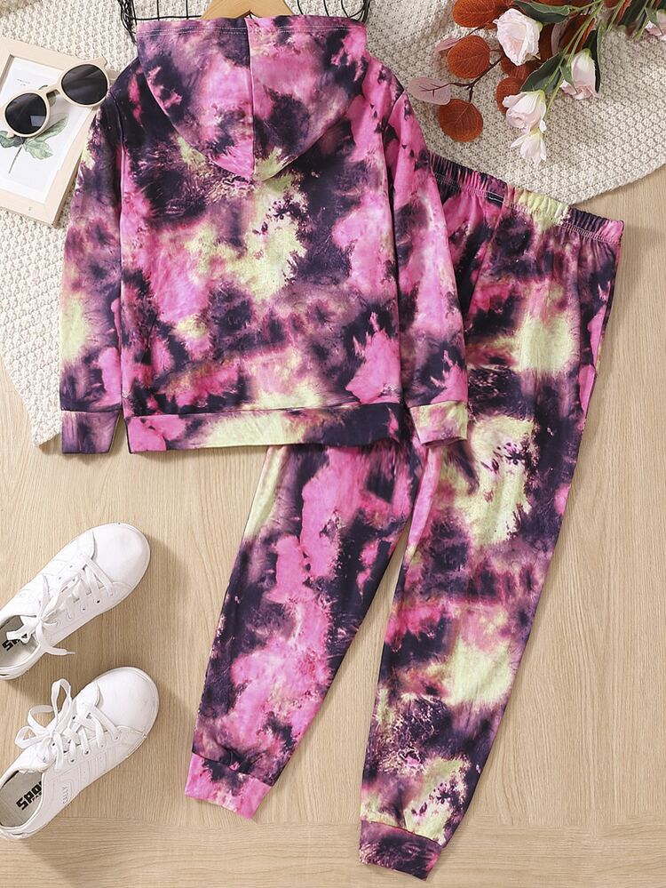 Girls Heart Print Tie Dye Hoodie & Sweatpants
