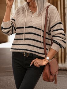 Chiquease Striped Pattern Drop Shoulder Hooded Jumper - Khaki - View 6