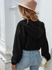 SHEIN LUNE 素色拉鏈開襟燈芯絨連帽夾克 - 黑色 - 查看 2