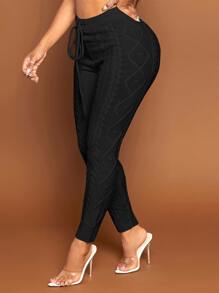 SHEIN SXY Drawstring Waist Cable Knit Trousers - Black - View 1