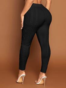 SHEIN SXY Drawstring Waist Cable Knit Trousers - Black - View 2