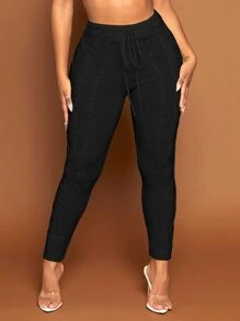 SHEIN SXY Drawstring Waist Cable Knit Trousers - Black - View 3
