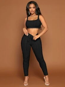 SHEIN SXY Drawstring Waist Cable Knit Trousers - Black - View 4