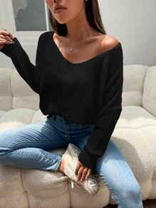 SHEIN Essnce Jersey tejido de cable de manga raglán - Negro - Ver 1