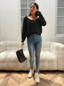 SHEIN Essnce Jersey tejido de cable de manga raglán - Negro - Ver 3