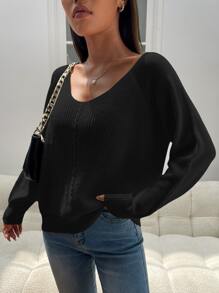 SHEIN Essnce Jersey tejido de cable de manga raglán - Negro - Ver 4