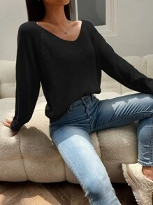 SHEIN Essnce Jersey tejido de cable de manga raglán - Negro - Ver 5