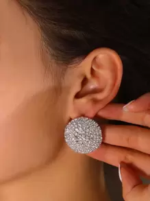水鑽圓形耳釘 - 銀色 - 查看 1