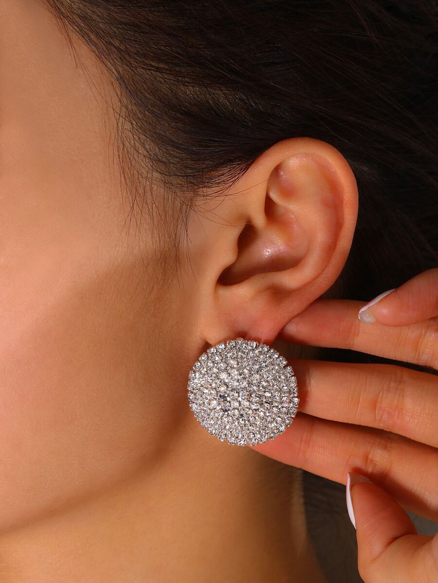 水鑽圓形耳釘 - 銀色 - 查看 1