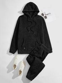 Manfinity VCAY Men Kangaroo Pocket Drawstring Flannel Hoodie & Trousers - Black - View 1