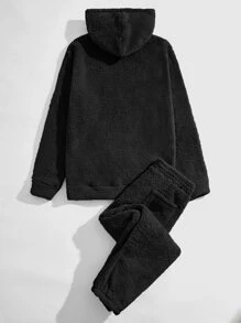 Manfinity VCAY Men Kangaroo Pocket Drawstring Flannel Hoodie & Trousers - Black - View 2