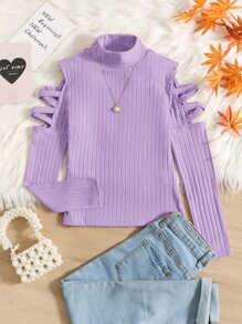 SHEIN Tween Girl Solid Color Long Sleeve Knitted High-Neck Crossed Hollow Out T-Shirt - Lilac Purple - View 1