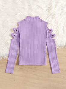 SHEIN Tween Girl Solid Color Long Sleeve Knitted High-Neck Crossed Hollow Out T-Shirt - Lilac Purple - View 2