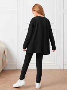 SHEIN Bộ hai mảnh Gái màu trơn Giải trí - màu đen - Xem 2