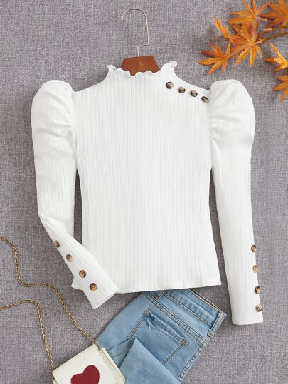 SHEIN Camiseta De Cuello Alto Con Detalle De Botones Y Mangas Aboladas Para Chicas Adolescentes