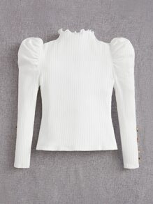 SHEIN Tween Girl Button Detail Puff Sleeve Mock Neck Tee