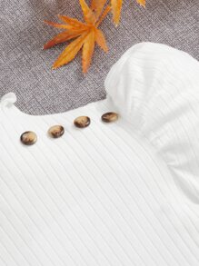 SHEIN Tween Girl Button Detail Puff Sleeve Mock Neck Tee