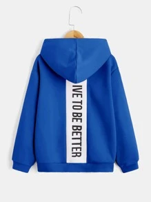 SHEIN 青少年男童休闲宽松卫衣，印有标语图案，落肩设计，适合秋冬季日常穿着。 - 藍色 - 查看 1