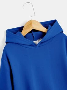 SHEIN 青少年男童休闲宽松卫衣，印有标语图案，落肩设计，适合秋冬季日常穿着。 - 藍色 - 查看 3