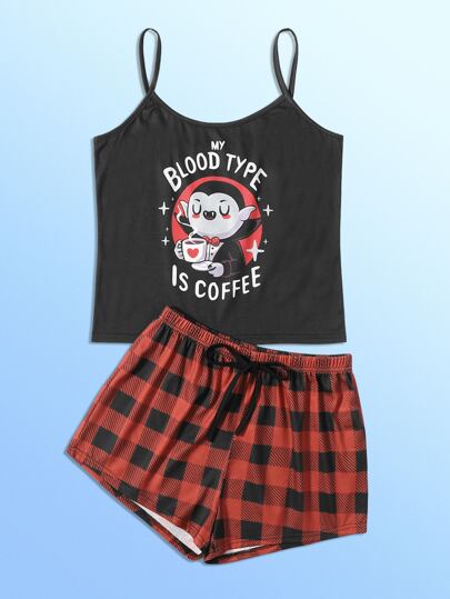 Typhoonic Cartoon Graphic Plaid Pajama Set