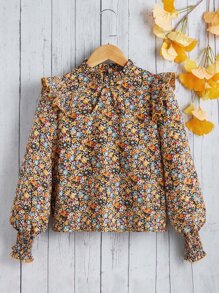 SHEIN Leap Crew Tween Girl Casual Regular Fit Lantern Sleeve Ditsy Floral Ruffle Hem Blouse - Multicolor - View 1