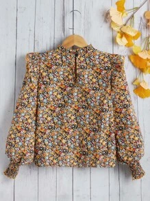 SHEIN Leap Crew Tween Girl Casual Regular Fit Lantern Sleeve Ditsy Floral Ruffle Hem Blouse - Multicolor - View 2