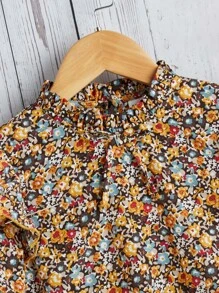 SHEIN Leap Crew Tween Girl Casual Regular Fit Lantern Sleeve Ditsy Floral Ruffle Hem Blouse - Multicolor - View 3