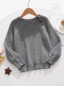 SHEIN Girls Raglan Sleeve Button Detail Jumper - Grey - View 1