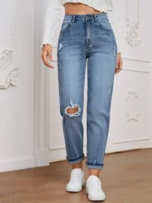 High Waist Ripped Mom Fit Jeans - Light Wash - View 1