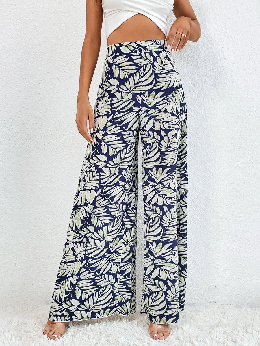 SHEIN Tall 滿版植物印花闊腿褲 - 彩色 - 查看 1