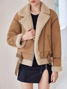 SHEIN MOD Teddy Liner Belted Faux Suede Biker Jacket - Camel - View 6