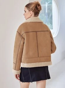SHEIN MOD Teddy Liner Belted Faux Suede Biker Jacket - Camel - View 3