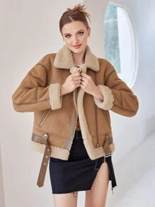 SHEIN MOD Teddy Liner Belted Faux Suede Biker Jacket - Camel - View 4