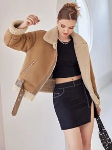 SHEIN MOD Teddy Liner Belted Faux Suede Biker Jacket - Camel - View 5