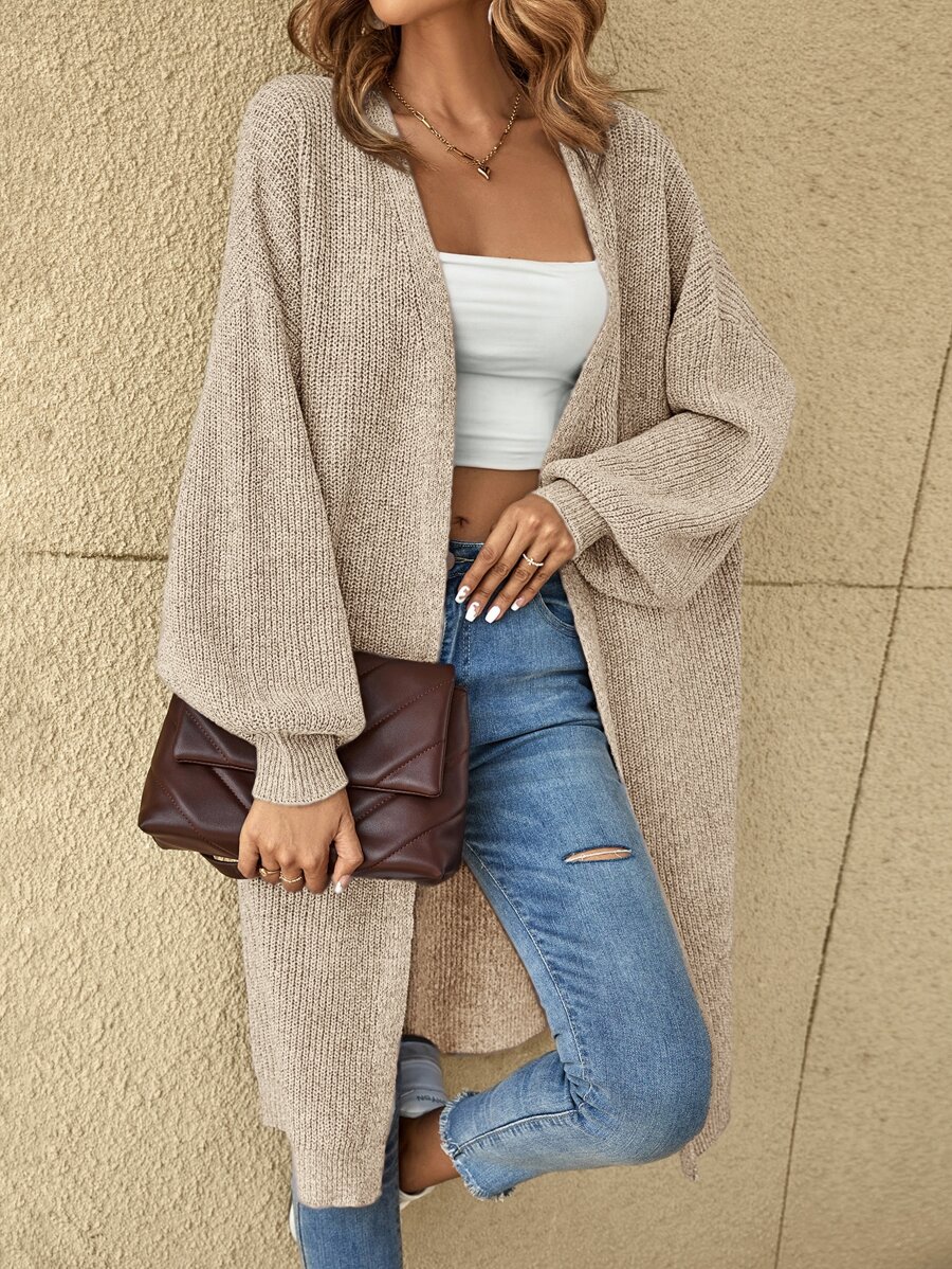 SHEIN X Lucía Bellido SHEIN LUNE Drop Shoulder Ribbed Knit Duster Cardigan,Long Sleeve Tops In Fall/Winter - Beige - View 1