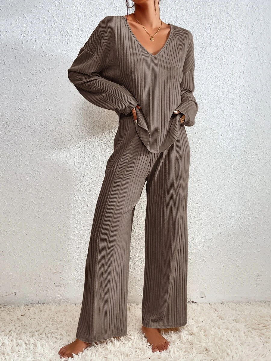 SHEIN Essnce Drop Shoulder Tee & Trousers - Khaki - View 1